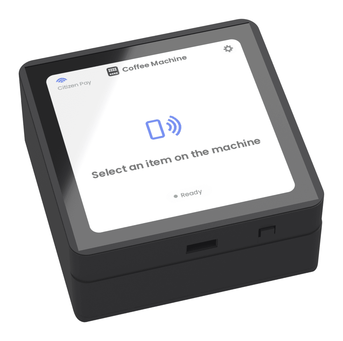 Citizen Terminal équipé d'un module d'interface distributeur, affichant un écran en libre-service